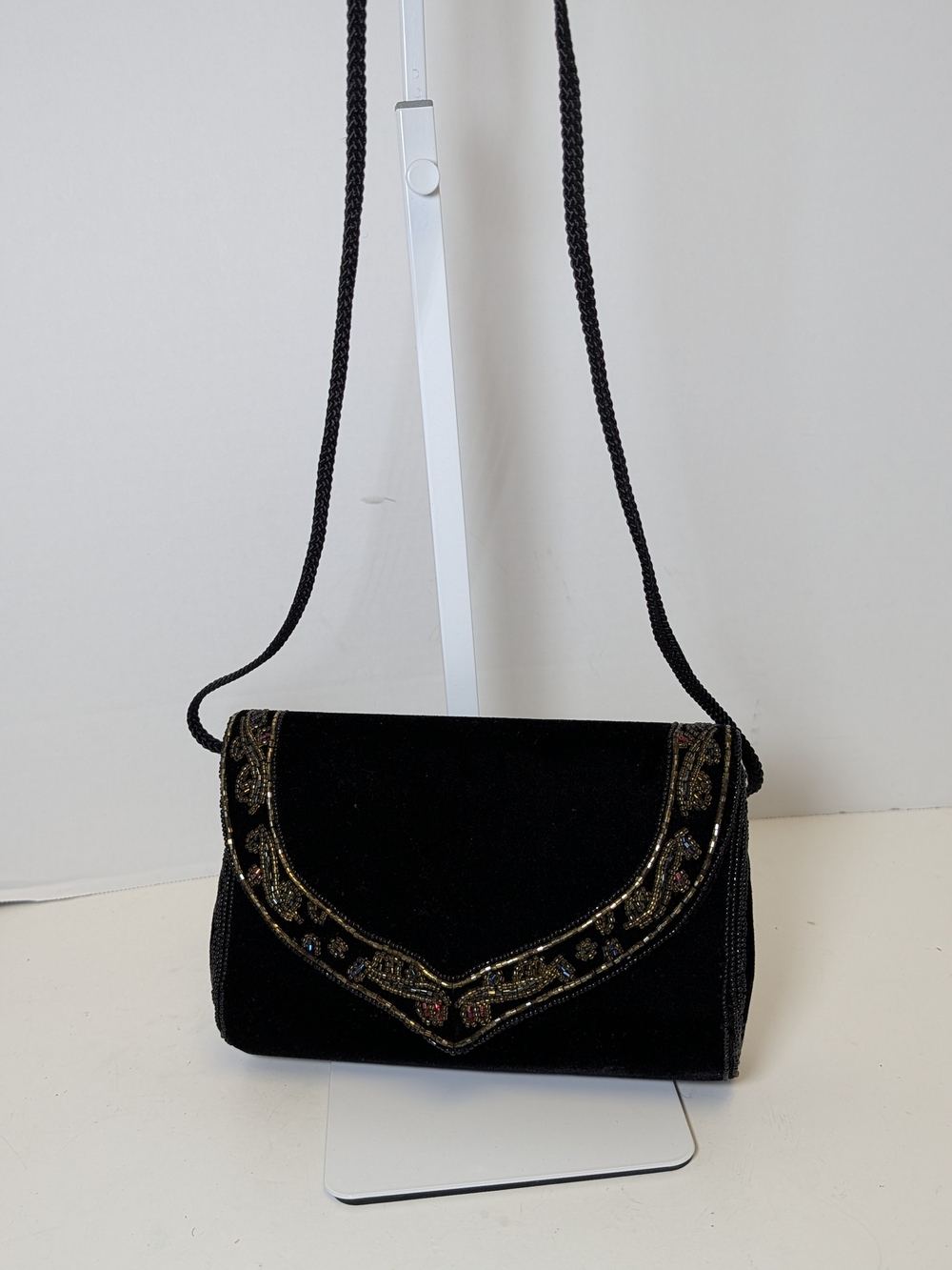 Elegant Black Velvet Beaded Crossbody Evening Bag